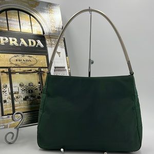 Authentic Prada Green Nylon Metal Bar Tessuto Shoulder Bag